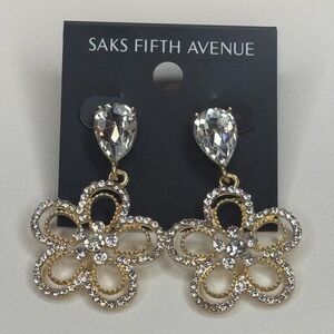 Saks Fifth Avenue Gold and Clear Crystal Floral Earrings 2 inch